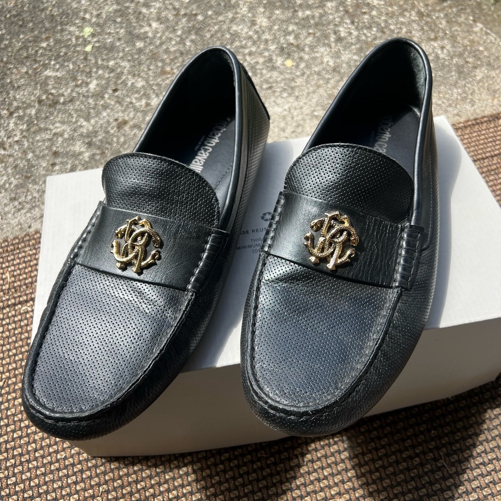 Black Leather Roberto Cavalli Men’s Loafers with Gold Accent!